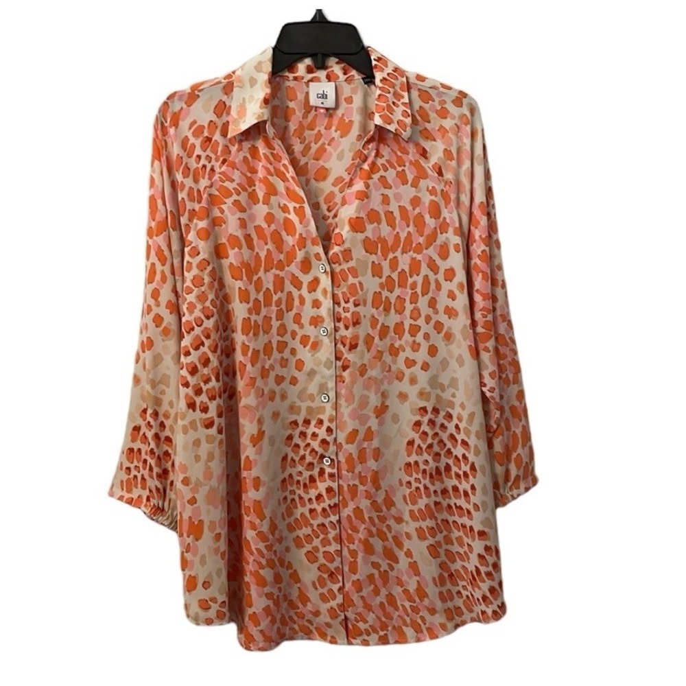 Cabi Women's Ivory/Pink Multicolor Go To Blouse‎ V-Deck Button Down Size M
